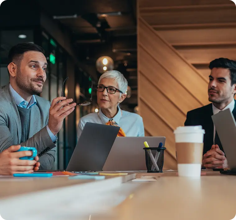 Software development team collaborating in a meeting